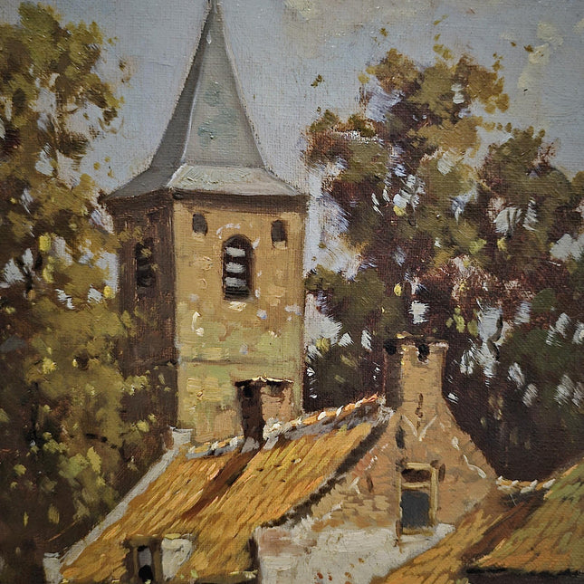 Antique Impressionist Landscape Oil Painting, Signed Original Dutch Artwork, Dark Moody Rustic Village Scene, Vintage Farmhouse Wall Decor