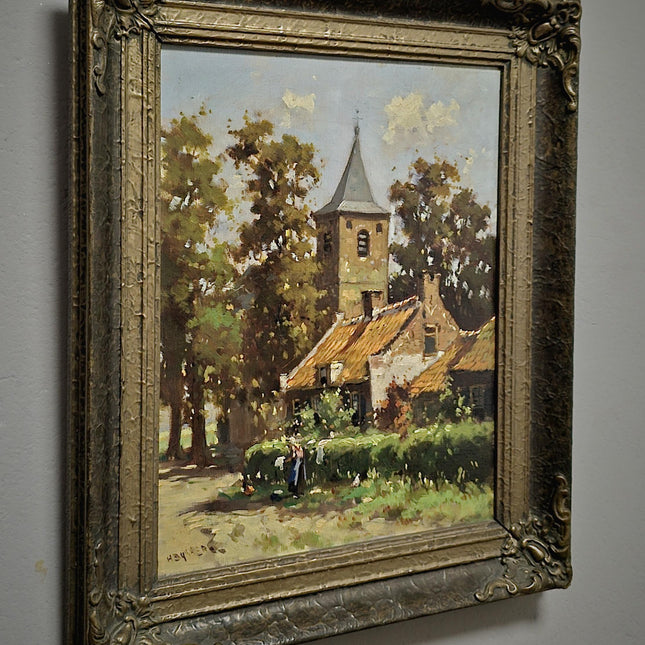 Antique Impressionist Landscape Oil Painting, Signed Original Dutch Artwork, Dark Moody Rustic Village Scene, Vintage Farmhouse Wall Decor