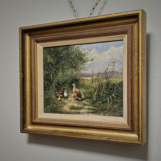 Vintage Dutch Animal Painting with Ducks, Signed Oil on Panel, Rustic Farm Landscape, Vintage European Fine Art, Collectible Wall Decor