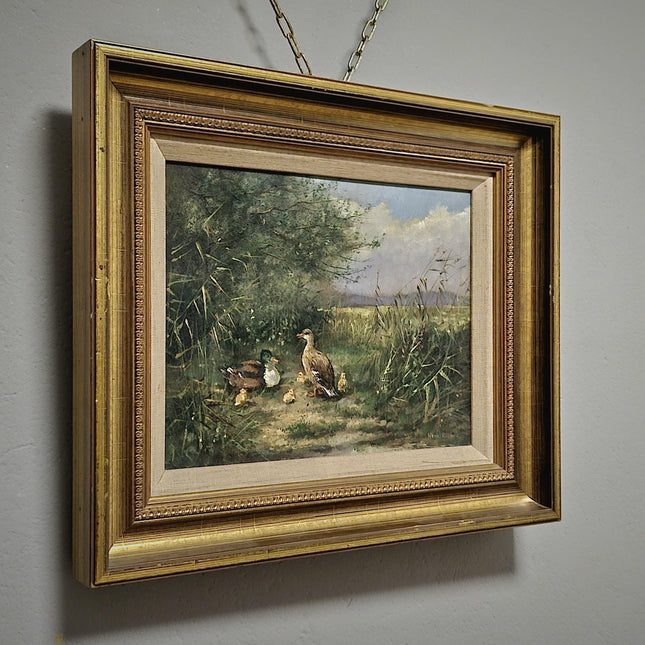 Vintage Dutch Animal Painting with Ducks, Signed Oil on Panel, Rustic Farm Landscape, Vintage European Fine Art, Collectible Wall Decor