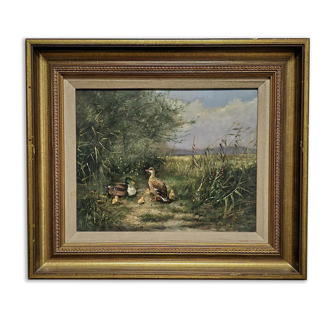 Vintage Dutch Animal Painting with Ducks, Signed Oil on Panel, Rustic Farm Landscape, Vintage European Fine Art, Collectible Wall Decor