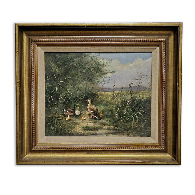 Vintage Dutch Animal Painting with Ducks, Signed Oil on Panel, Rustic Farm Landscape, Vintage European Fine Art, Collectible Wall Decor