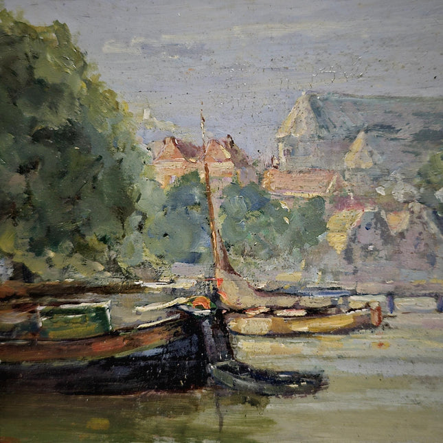 Vintage Dutch Seascape Oil Painting, Harbour Marine Landscape, Signed Original Artwork, Nautical Wall Decor, Framed European Fine Art