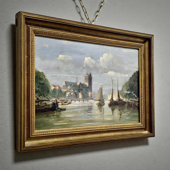 Vintage Dutch Seascape Oil Painting, Harbour Marine Landscape, Signed Original Artwork, Nautical Wall Decor, Framed European Fine Art