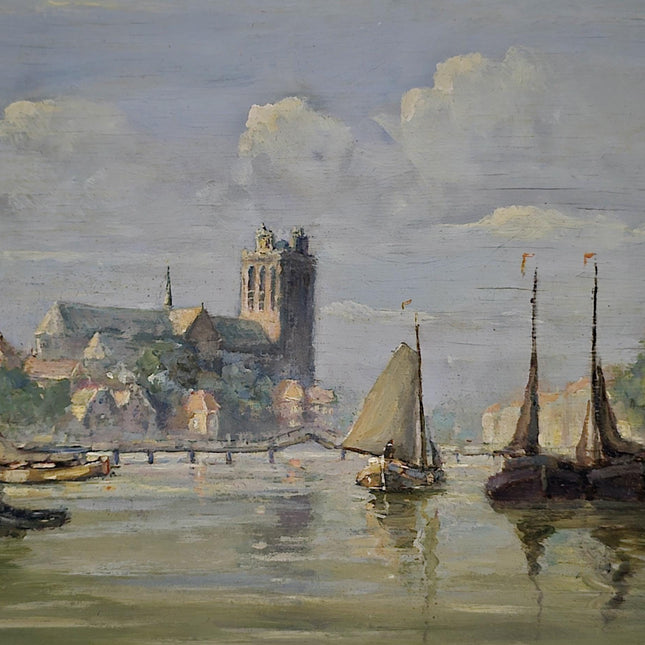 Vintage Dutch Seascape Oil Painting, Harbour Marine Landscape, Signed Original Artwork, Nautical Wall Decor, Framed European Fine Art