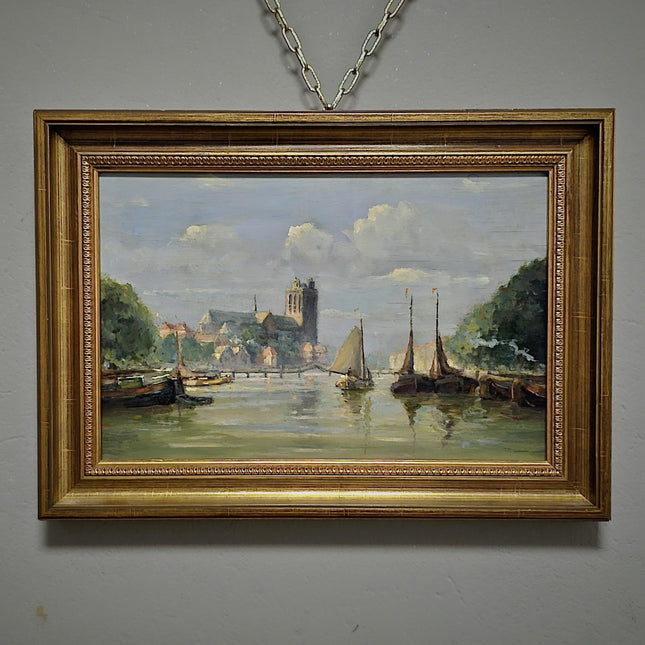 Vintage Dutch Seascape Oil Painting, Harbour Marine Landscape, Signed Original Artwork, Nautical Wall Decor, Framed European Fine Art