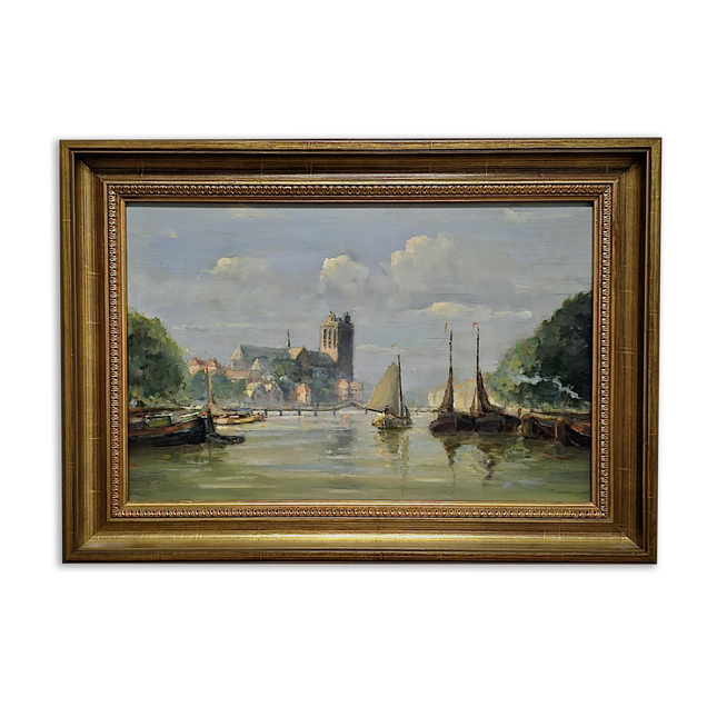Vintage Dutch Seascape Oil Painting, Harbour Marine Landscape, Signed Original Artwork, Nautical Wall Decor, Framed European Fine Art