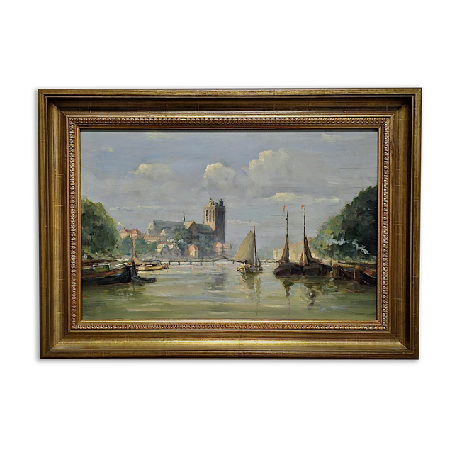 Vintage Dutch Seascape Oil Painting, Harbour Marine Landscape, Signed Original Artwork, Nautical Wall Decor, Framed European Fine Art