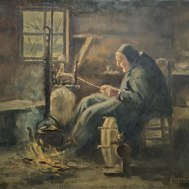 Vintage Oil Painting, Signed Dutch Farm Interior Scene, Collectible Wall Art, Framed Realism, Antique Country Decor, Spinning Wheel Portrait