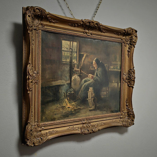 Vintage Oil Painting, Signed Dutch Farm Interior Scene, Collectible Wall Art, Framed Realism, Antique Country Decor, Spinning Wheel Portrait