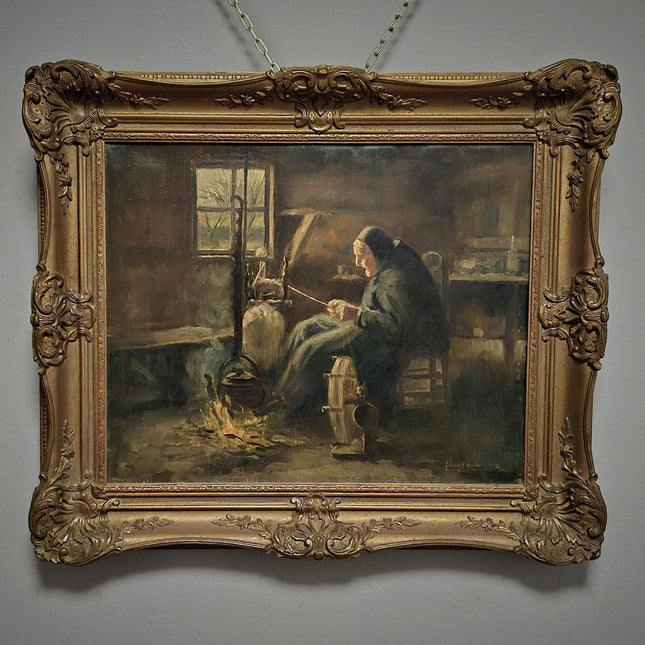 Vintage Oil Painting, Signed Dutch Farm Interior Scene, Collectible Wall Art, Framed Realism, Antique Country Decor, Spinning Wheel Portrait