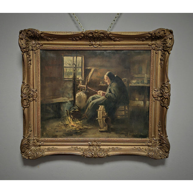 Vintage Oil Painting, Signed Dutch Farm Interior Scene, Collectible Wall Art, Framed Realism, Antique Country Decor, Spinning Wheel Portrait
