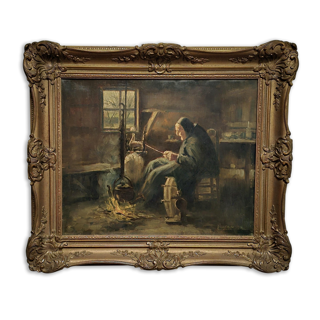 Vintage Oil Painting, Signed Dutch Farm Interior Scene, Collectible Wall Art, Framed Realism, Antique Country Decor, Spinning Wheel Portrait