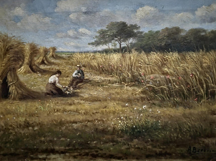 Vintage Oil Painting, Belgian Harvest Scene, Framed Rural Landscape