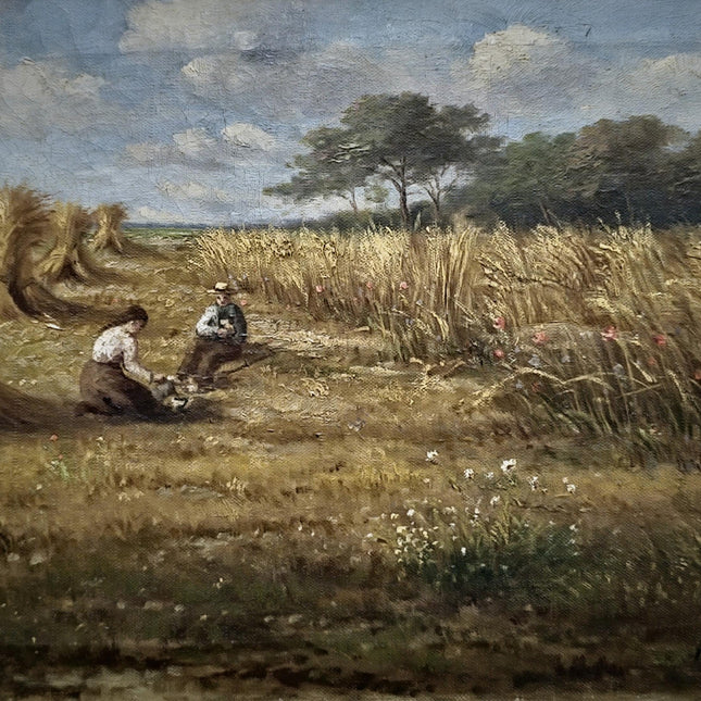 Vintage Oil Painting, Belgian Harvest Scene, Framed Rural Landscape