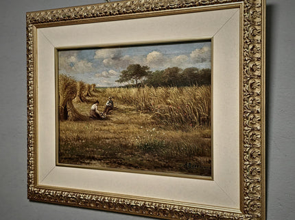 Vintage Oil Painting, Belgian Harvest Scene, Framed Rural Landscape