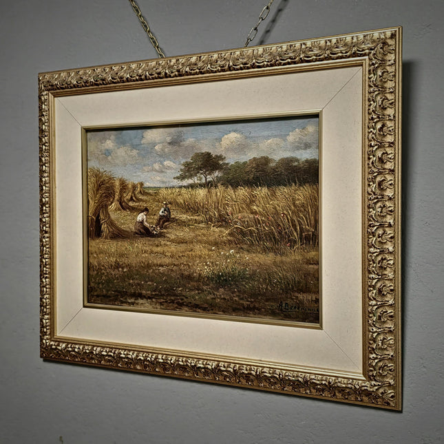 Vintage Oil Painting, Belgian Harvest Scene, Framed Rural Landscape
