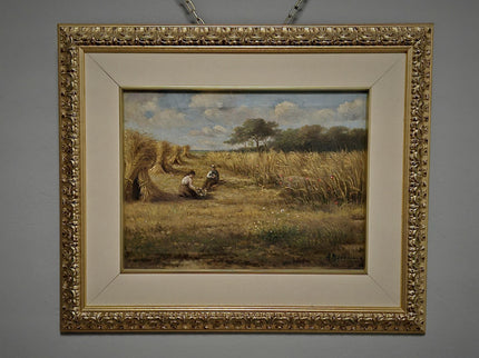 Vintage Oil Painting, Belgian Harvest Scene, Framed Rural Landscape