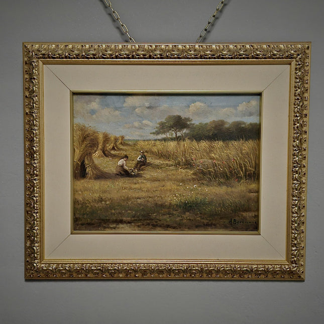 Vintage Oil Painting, Belgian Harvest Scene, Framed Rural Landscape