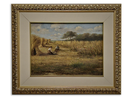 Vintage Oil Painting, Belgian Harvest Scene, Framed Rural Landscape