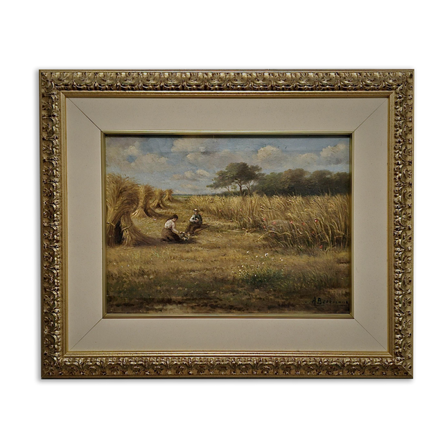 Vintage Oil Painting, Belgian Harvest Scene, Framed Rural Landscape