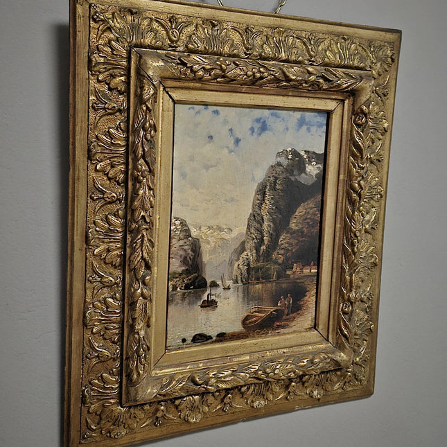 Antique Mountain Landscape Oil Painting Gold Framed Moody Romantic Artwork Vintage European Fine Art for Collectible Wall Decor Perfect Gift