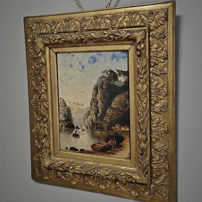 Antique Mountain Landscape Oil Painting Gold Framed Moody Romantic Artwork Vintage European Fine Art for Collectible Wall Decor Perfect Gift