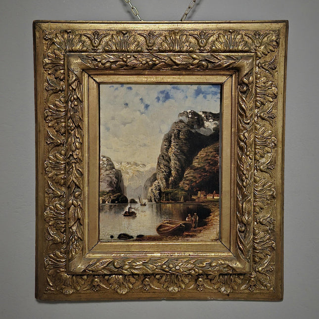 Antique Mountain Landscape Oil Painting Gold Framed Moody Romantic Artwork Vintage European Fine Art for Collectible Wall Decor Perfect Gift
