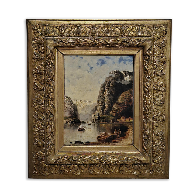 Antique Mountain Landscape Oil Painting Gold Framed Moody Romantic Artwork Vintage European Fine Art for Collectible Wall Decor Perfect Gift