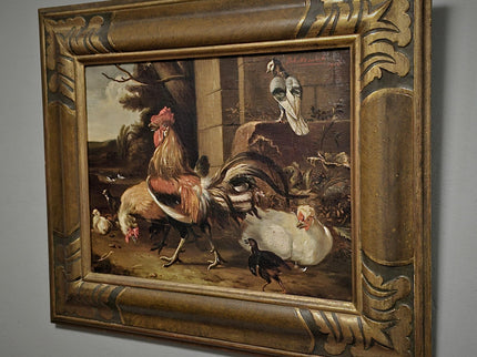 Antique Dutch Farmyard Oil Painting, Signed Poultry Scene, Framed Vintage Art