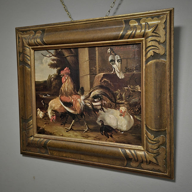Antique Dutch Farmyard Oil Painting, Signed Poultry Scene, Framed Vintage Art
