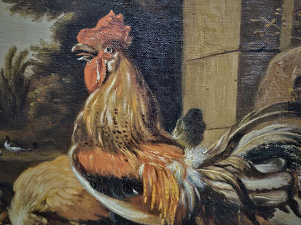 Antique Dutch Farmyard Oil Painting, Signed Poultry Scene, Framed Vintage Art