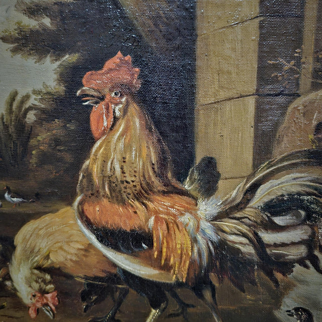 Antique Dutch Farmyard Oil Painting, Signed Poultry Scene, Framed Vintage Art