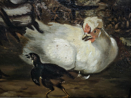 Antique Dutch Farmyard Oil Painting, Signed Poultry Scene, Framed Vintage Art