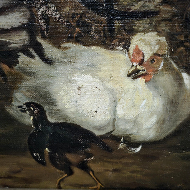 Antique Dutch Farmyard Oil Painting, Signed Poultry Scene, Framed Vintage Art