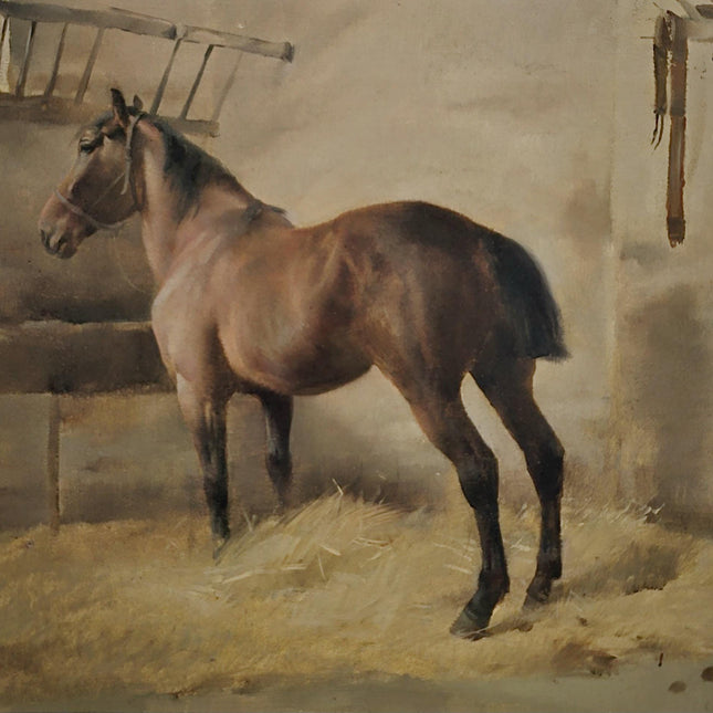 Antique Horse Oil Painting, Rustic Stable Scene, Equine Animal Artwork, Vintage Farm Decor, Framed Wall Art, Collectible English Masterpiece