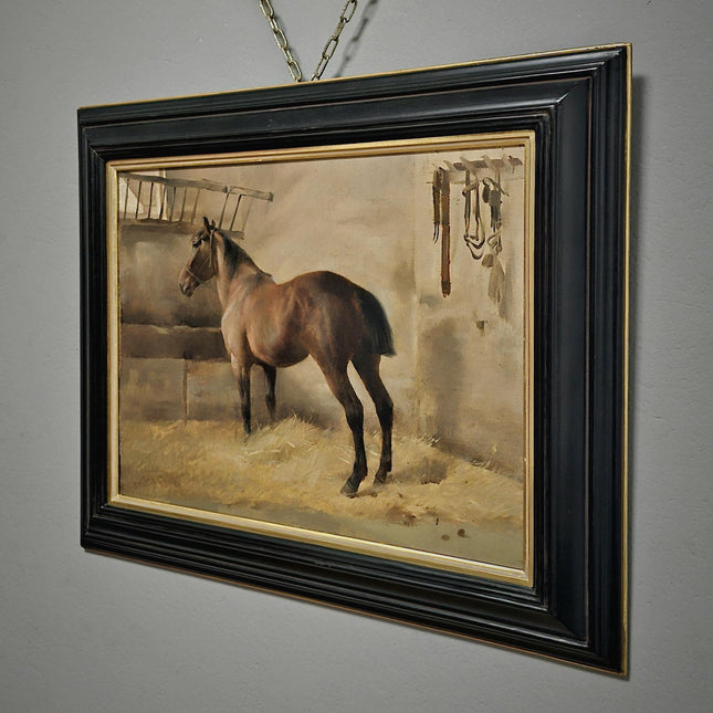 Antique Horse Oil Painting, Rustic Stable Scene, Equine Animal Artwork, Vintage Farm Decor, Framed Wall Art, Collectible English Masterpiece
