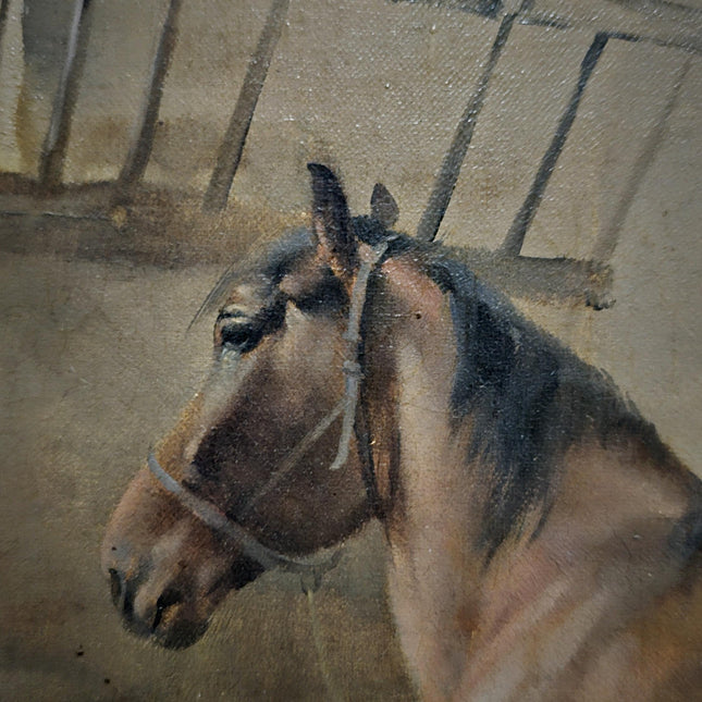 Antique Horse Oil Painting, Rustic Stable Scene, Equine Animal Artwork, Vintage Farm Decor, Framed Wall Art, Collectible English Masterpiece