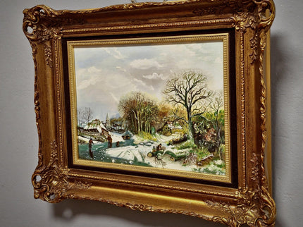 Vintage Dutch Winter Landscape Oil Painting, Gold Frame, Signed Artwork