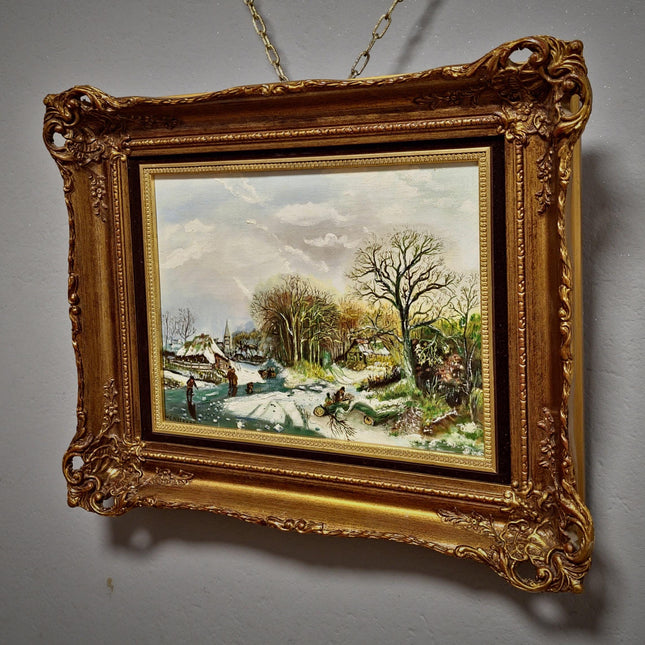 Vintage Dutch Winter Landscape Oil Painting, Gold Frame, Signed Artwork