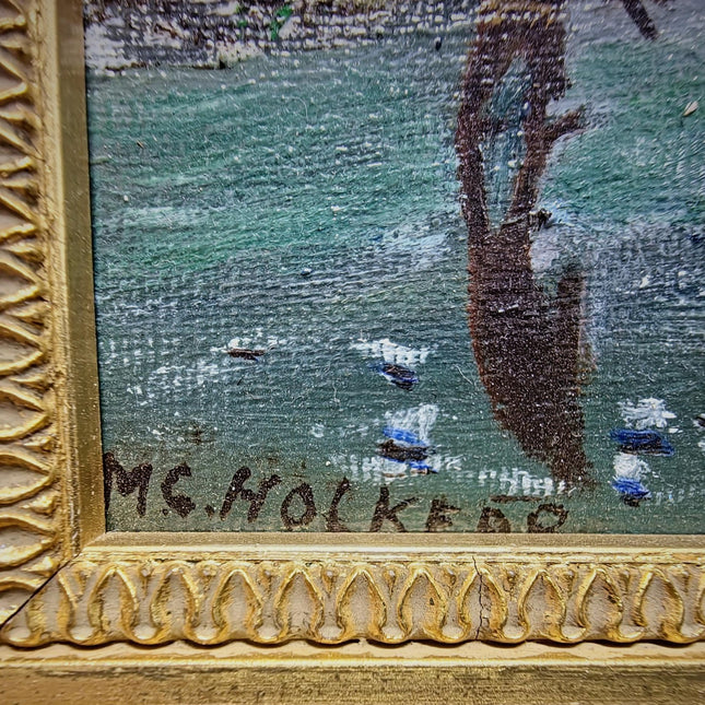 Vintage Dutch Winter Landscape Oil Painting, Gold Frame, Signed Artwork