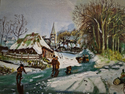 Vintage Dutch Winter Landscape Oil Painting, Gold Frame, Signed Artwork