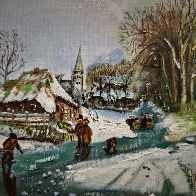 Vintage Dutch Winter Landscape Oil Painting, Gold Frame, Signed Artwork