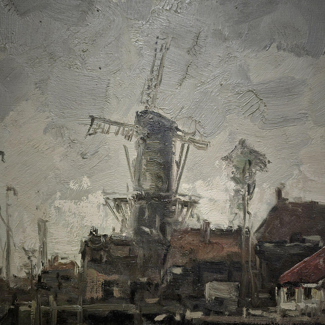 Vintage Large Dutch River Landscape Oil Painting Signed Original Windmill Artwork European Fine Art Farmhouse Wall Decor Collectible Gift