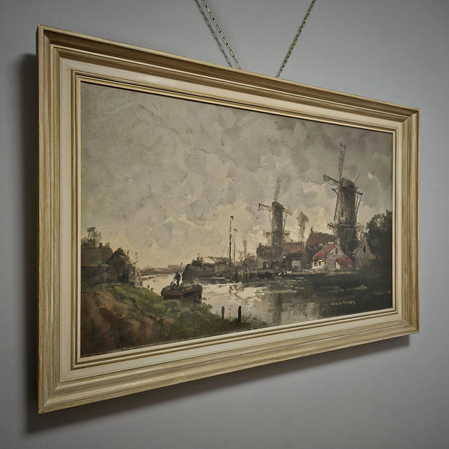 Vintage Large Dutch River Landscape Oil Painting Signed Original Windmill Artwork European Fine Art Farmhouse Wall Decor Collectible Gift