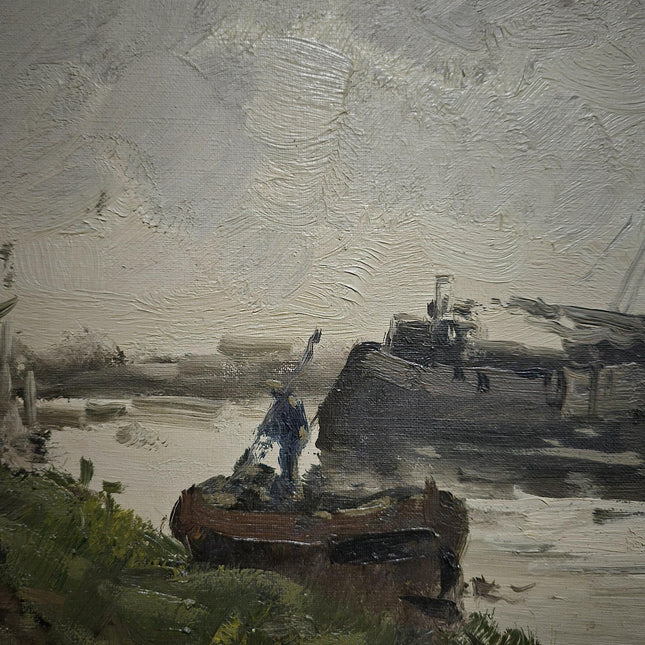Vintage Large Dutch River Landscape Oil Painting Signed Original Windmill Artwork European Fine Art Farmhouse Wall Decor Collectible Gift