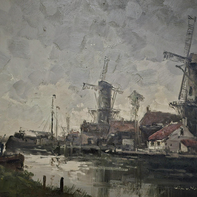 Vintage Large Dutch River Landscape Oil Painting Signed Original Windmill Artwork European Fine Art Farmhouse Wall Decor Collectible Gift