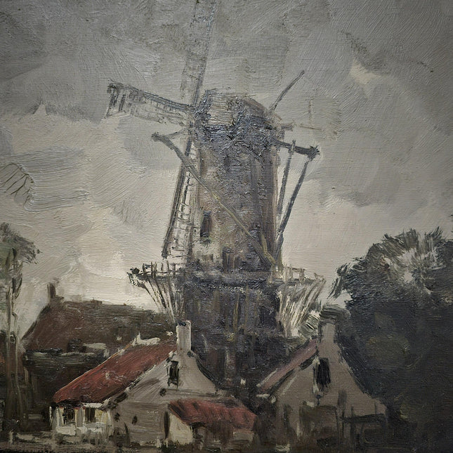 Vintage Large Dutch River Landscape Oil Painting Signed Original Windmill Artwork European Fine Art Farmhouse Wall Decor Collectible Gift