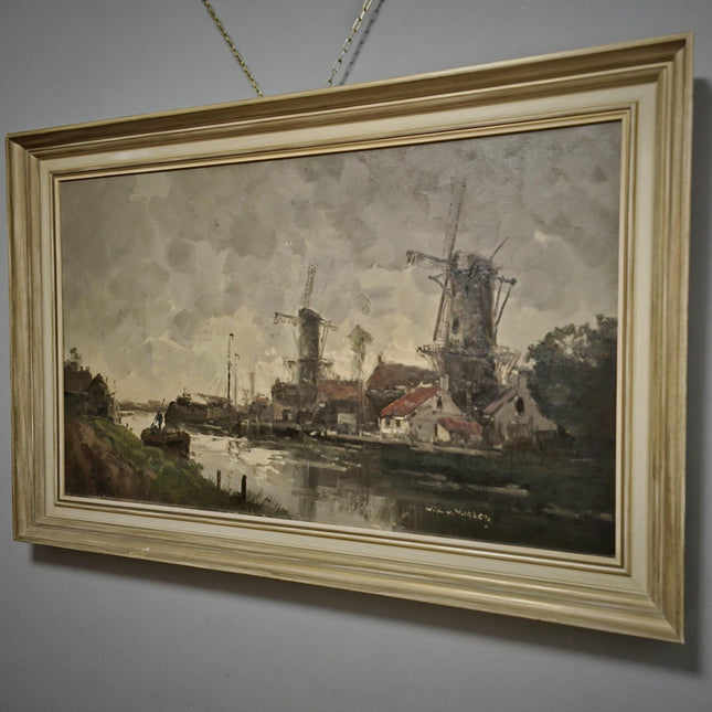 Vintage Large Dutch River Landscape Oil Painting Signed Original Windmill Artwork European Fine Art Farmhouse Wall Decor Collectible Gift