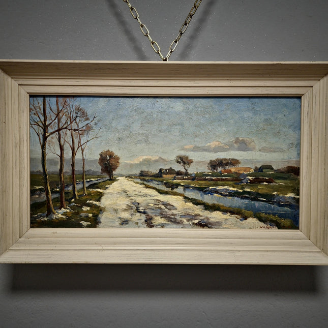 Antique Dark Moody Impressionist Landscape Oil Painting, Original Dutch Artwork, Framed Rustic Farm Wall Art, Vintage Winter Home Décor